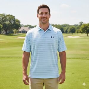 Under Armour Polo Shirt Mens Large Blue Striped Heatgear Golf Short Sleeve